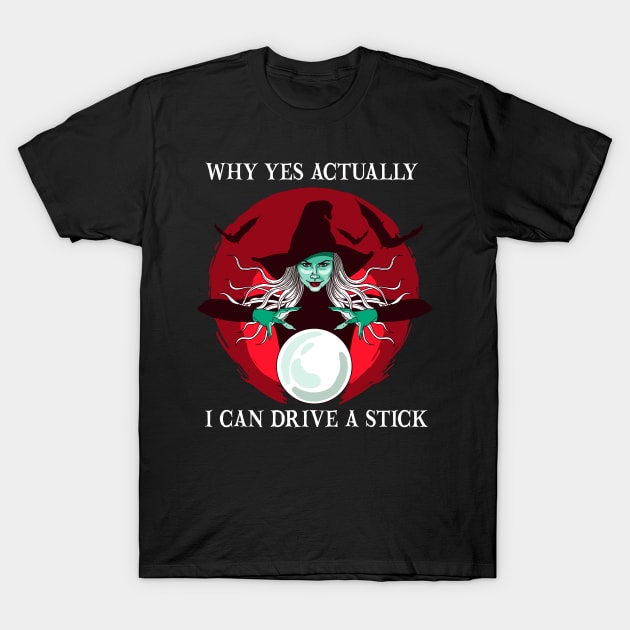 Why Yes Actually I Can Drive a Stick Funny Halloween Witch T-Shirt by DonVector